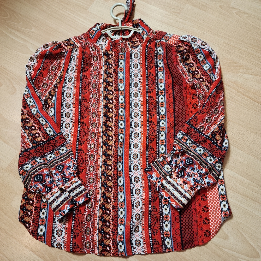 Ann Taylor LOFT Tie-Back High Neck Red Blouson Long Sleeve Blouse Top Medium